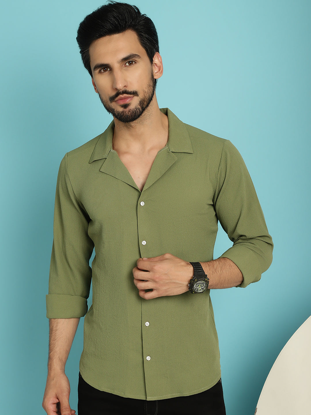 Indian Needle Men's Lapel Collar Casual Shirt - Olive | Swadesiicart