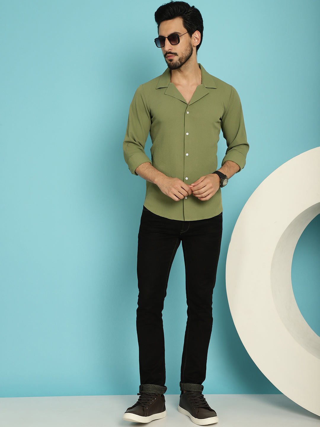 Indian Needle Men's Lapel Collar Casual Shirt - Olive | Swadesiicart