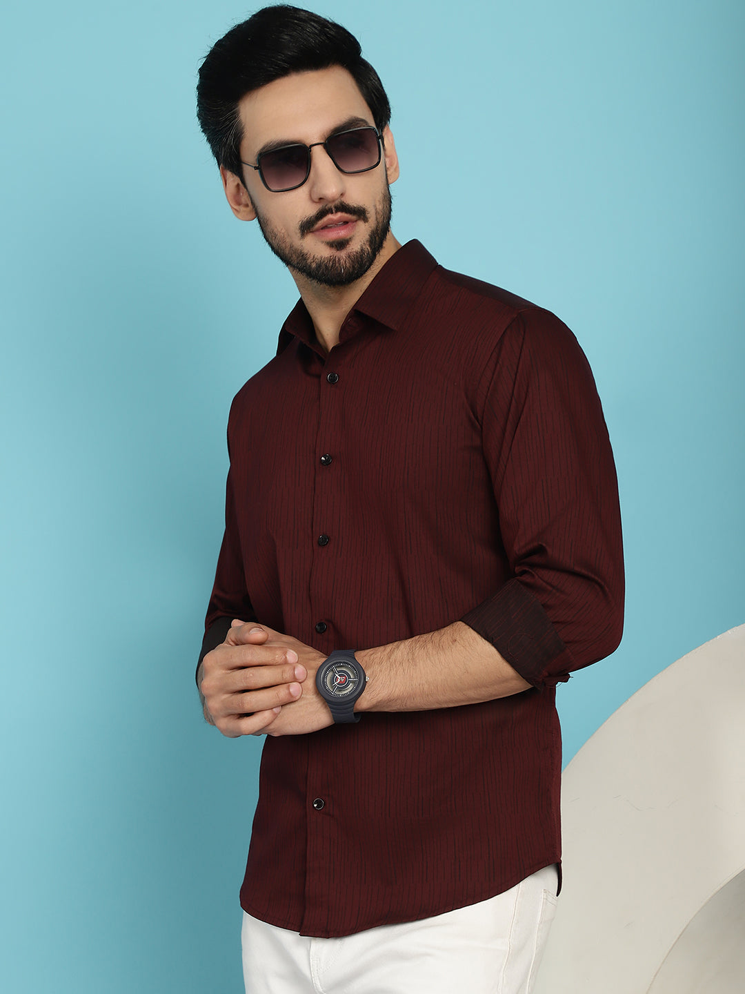 Indian Needle Men's Woven Design Casual Shirt - Maroon | Swadesiicart