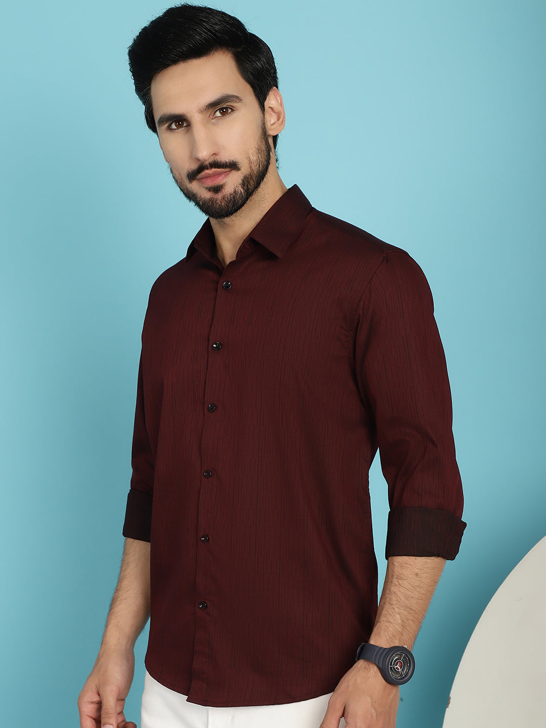 Indian Needle Men's Woven Design Casual Shirt - Maroon | Swadesiicart