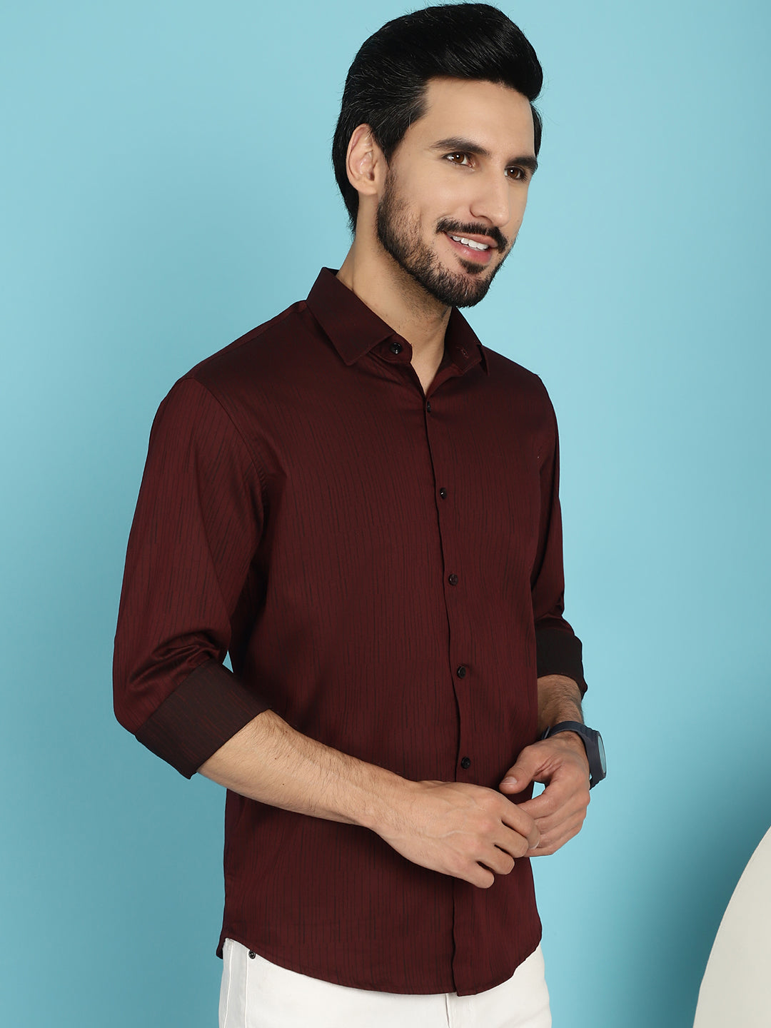 Indian Needle Men's Woven Design Casual Shirt - Maroon | Swadesiicart