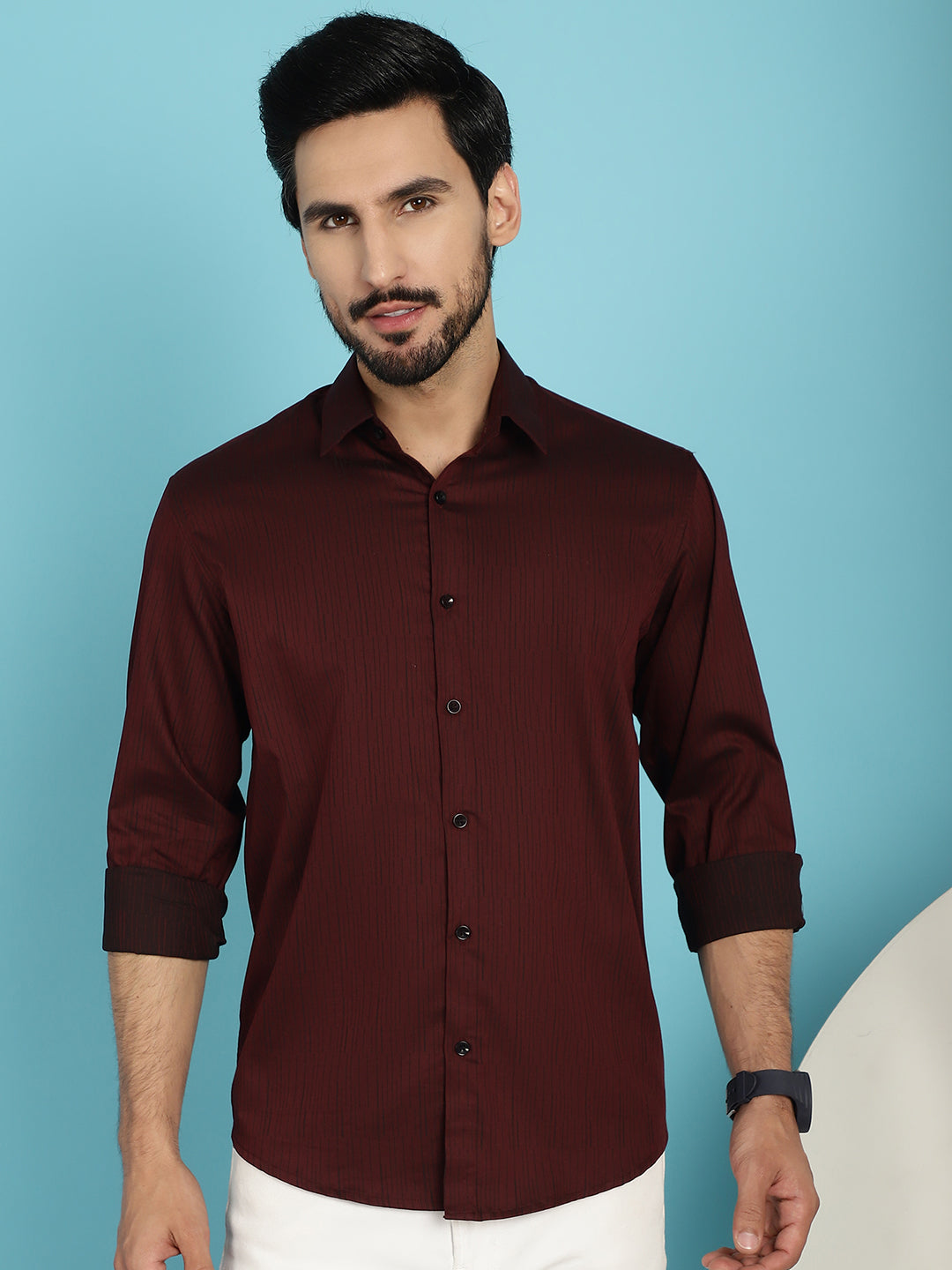 Indian Needle Men's Woven Design Casual Shirt - Maroon | Swadesiicart