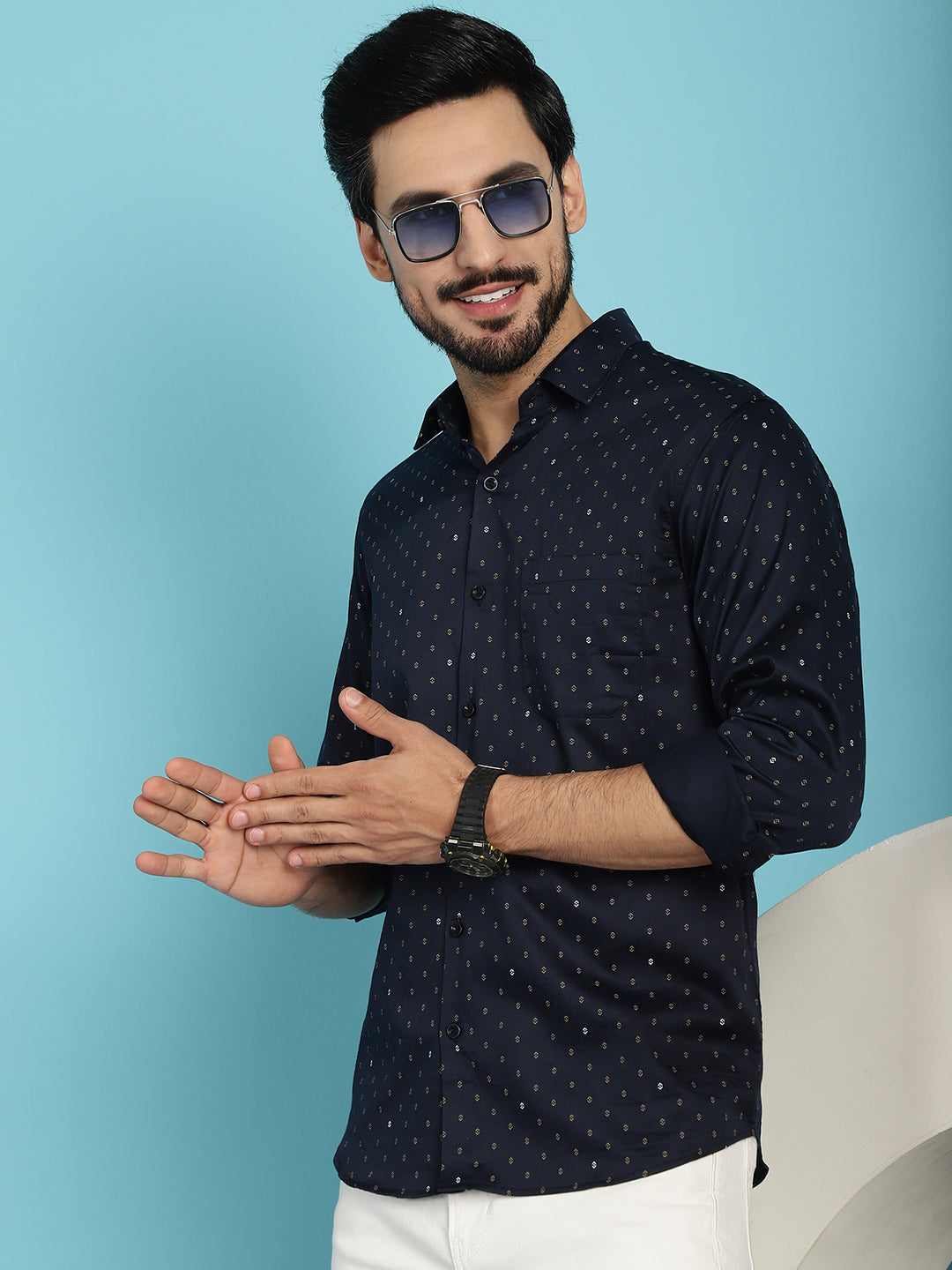 Indian Needle Men's Printed Casual Shirt - Navy Blue | Swadesiicart