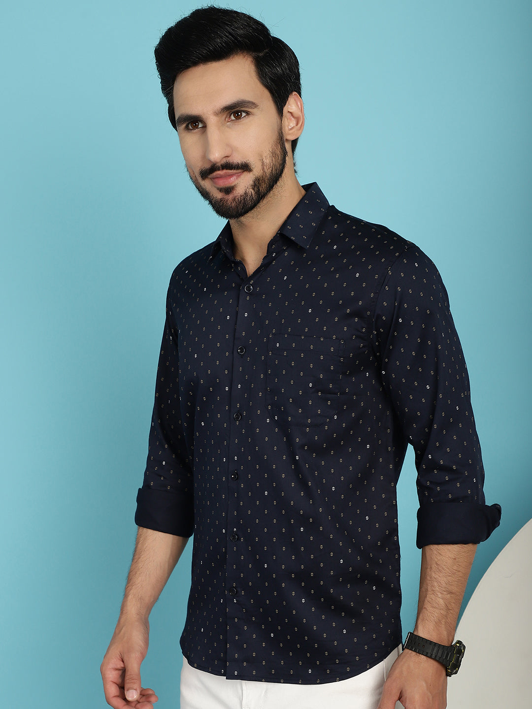 Indian Needle Men's Printed Casual Shirt - Navy Blue | Swadesiicart