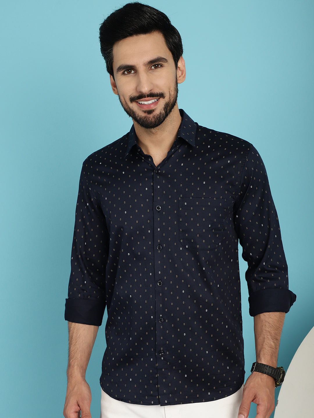 Indian Needle Men's Printed Casual Shirt - Navy Blue | Swadesiicart