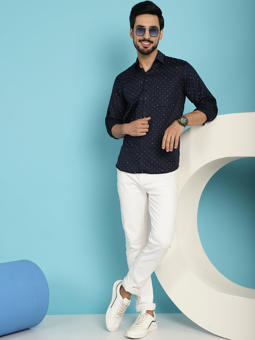 Indian Needle Men's Printed Casual Shirt - Navy Blue | Swadesiicart