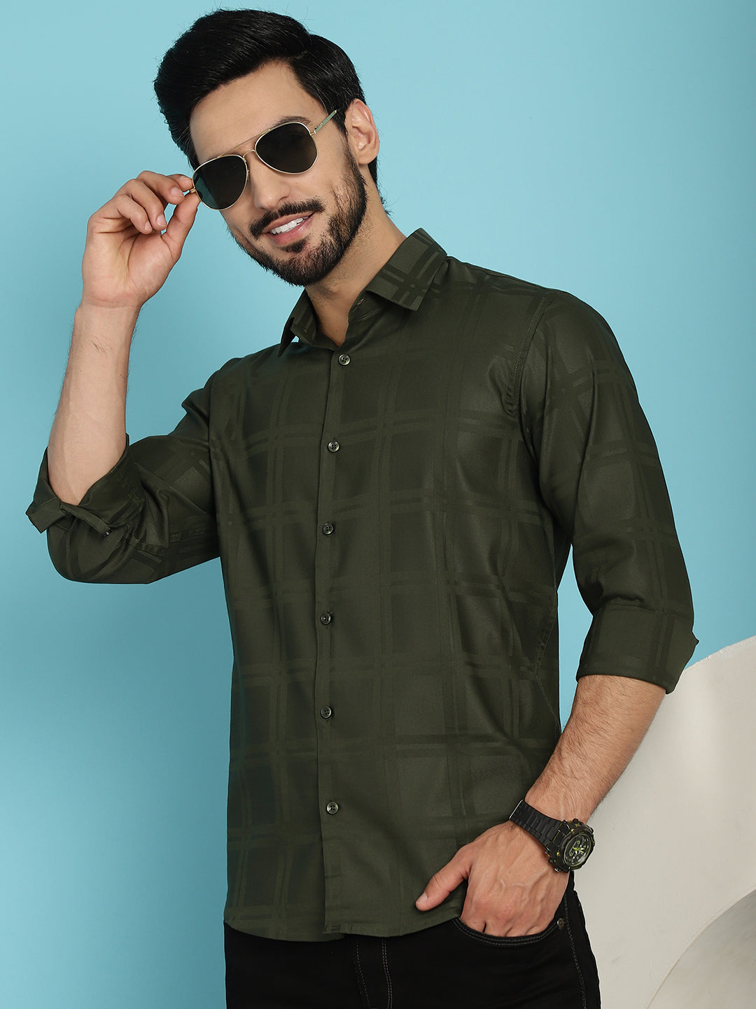 Indian Needle Men's Olive Green Checked Casual Shirt - Olive | Swadesiicart