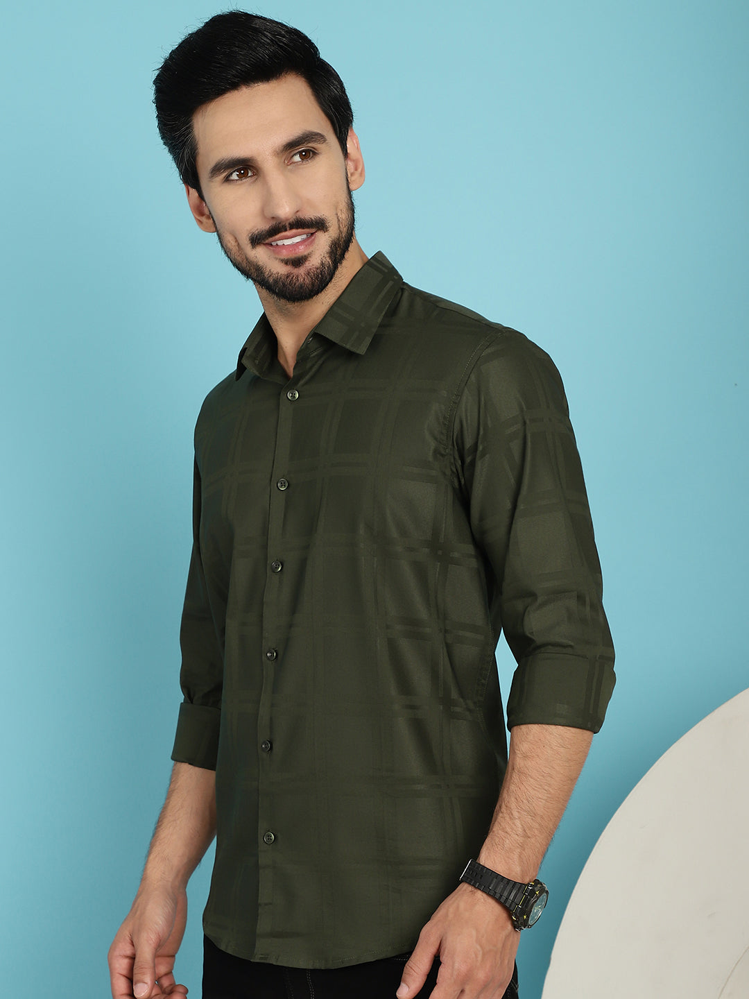 Indian Needle Men's Olive Green Checked Casual Shirt - Olive | Swadesiicart