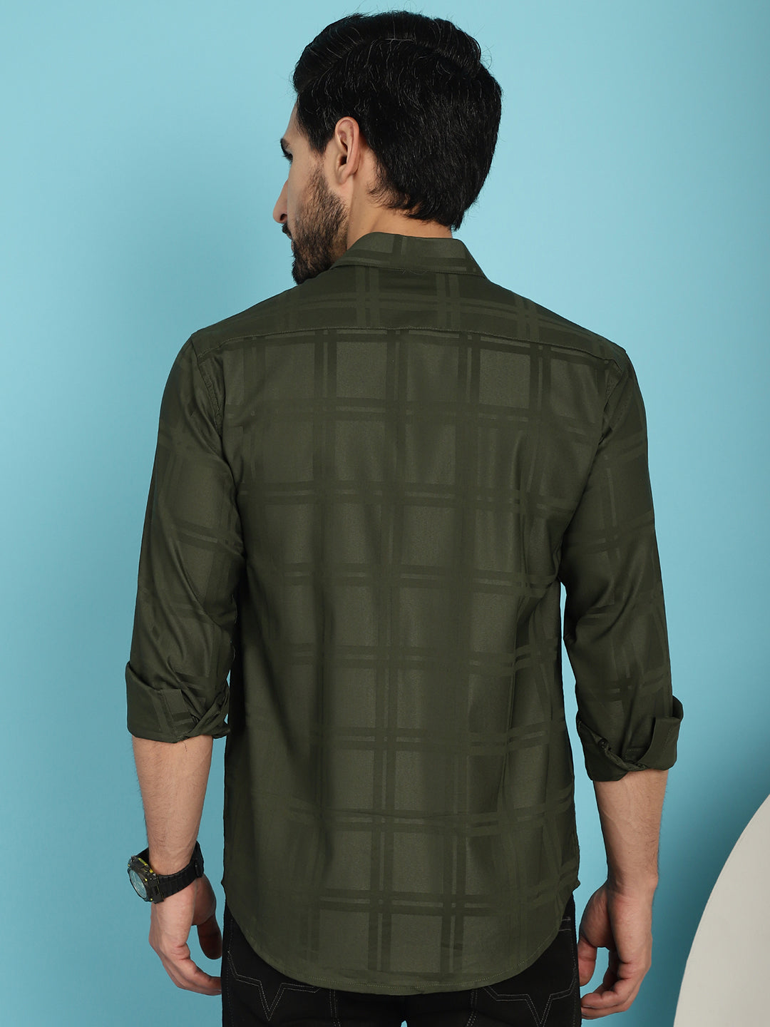 Indian Needle Men's Olive Green Checked Casual Shirt - Olive | Swadesiicart