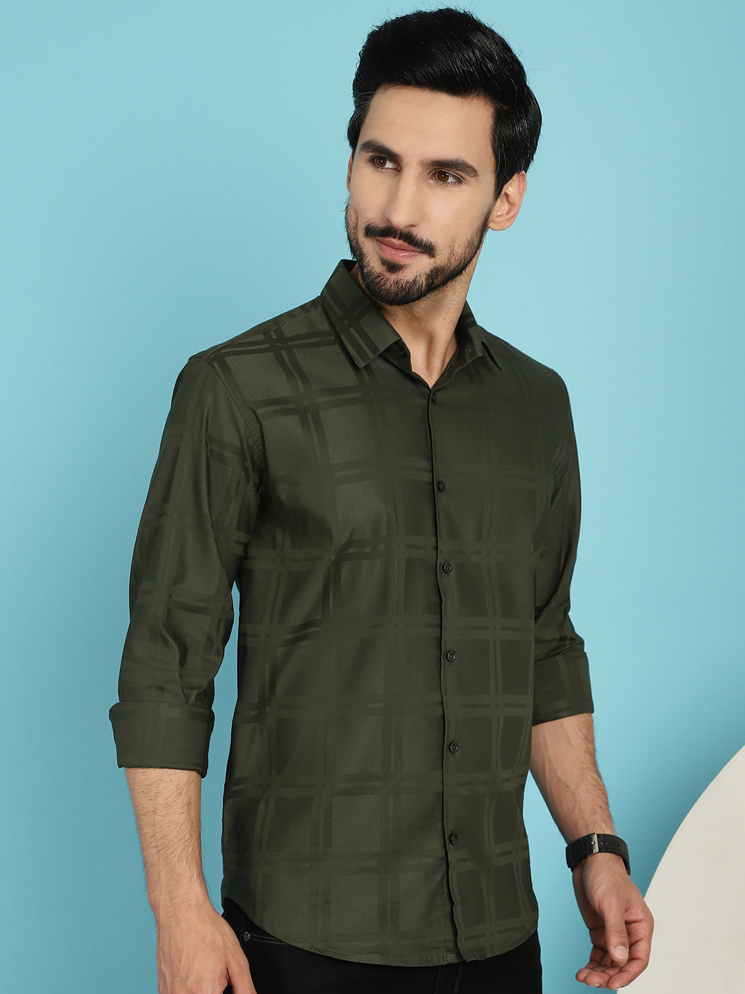 Indian Needle Men's Olive Green Checked Casual Shirt - Olive | Swadesiicart