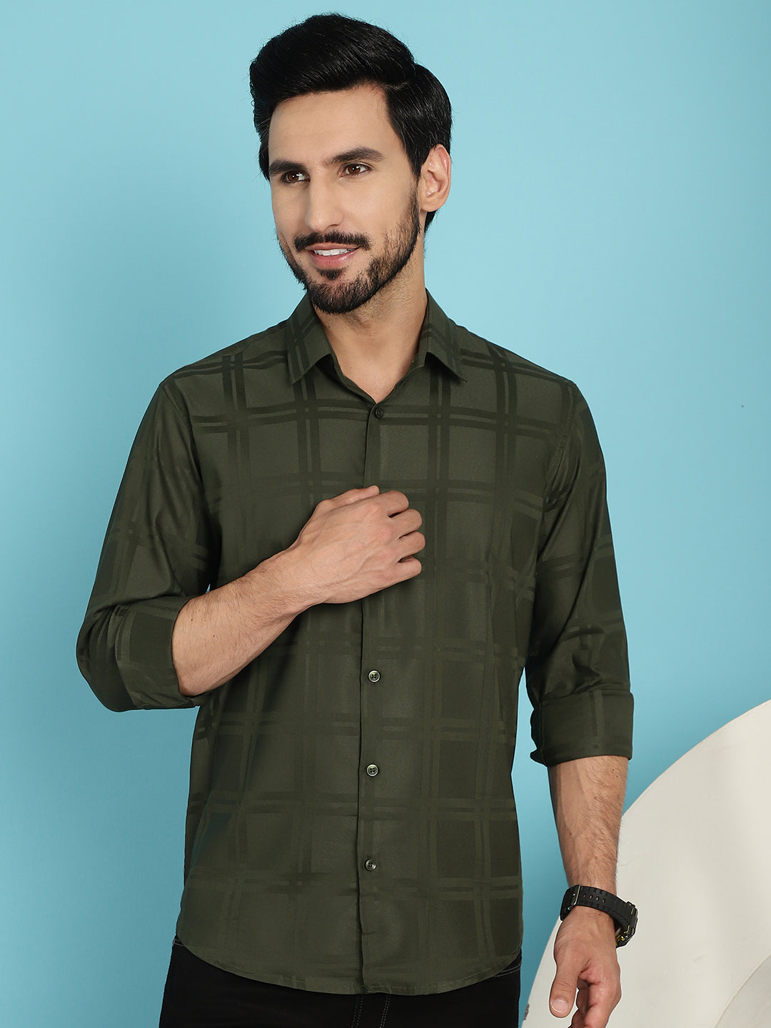 Indian Needle Men's Olive Green Checked Casual Shirt - Olive | Swadesiicart