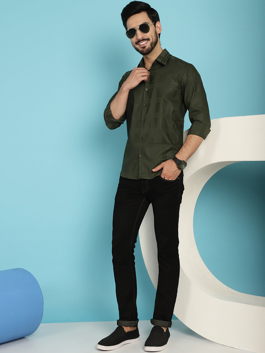 Indian Needle Men's Olive Green Checked Casual Shirt - Olive | Swadesiicart