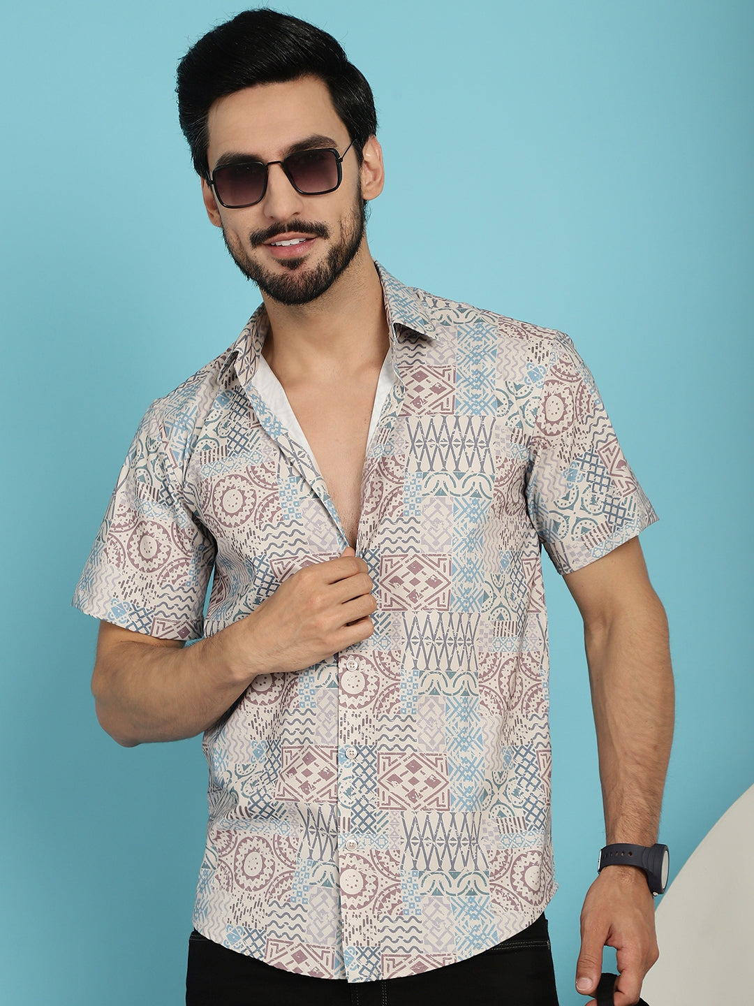 Indian Needle Men's Beige Printed Casual Shirt - Beige | Swadesiicart