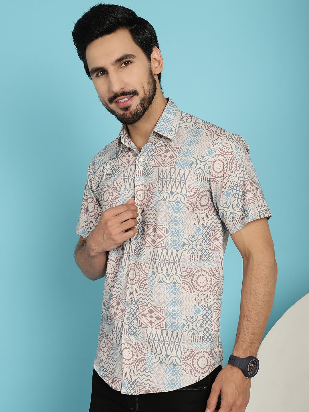 Indian Needle Men's Beige Printed Casual Shirt - Beige | Swadesiicart