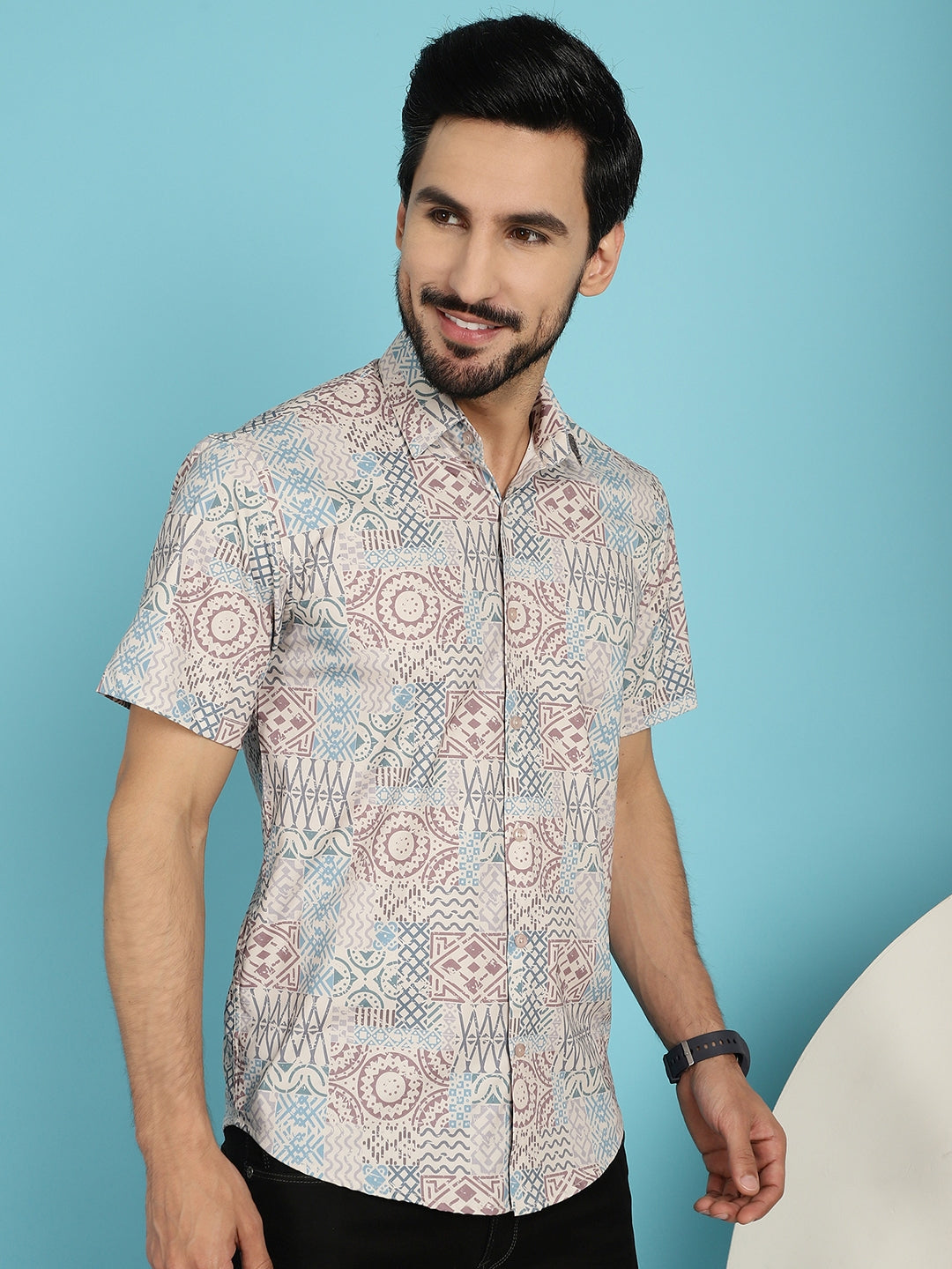 Indian Needle Men's Beige Printed Casual Shirt - Beige | Swadesiicart
