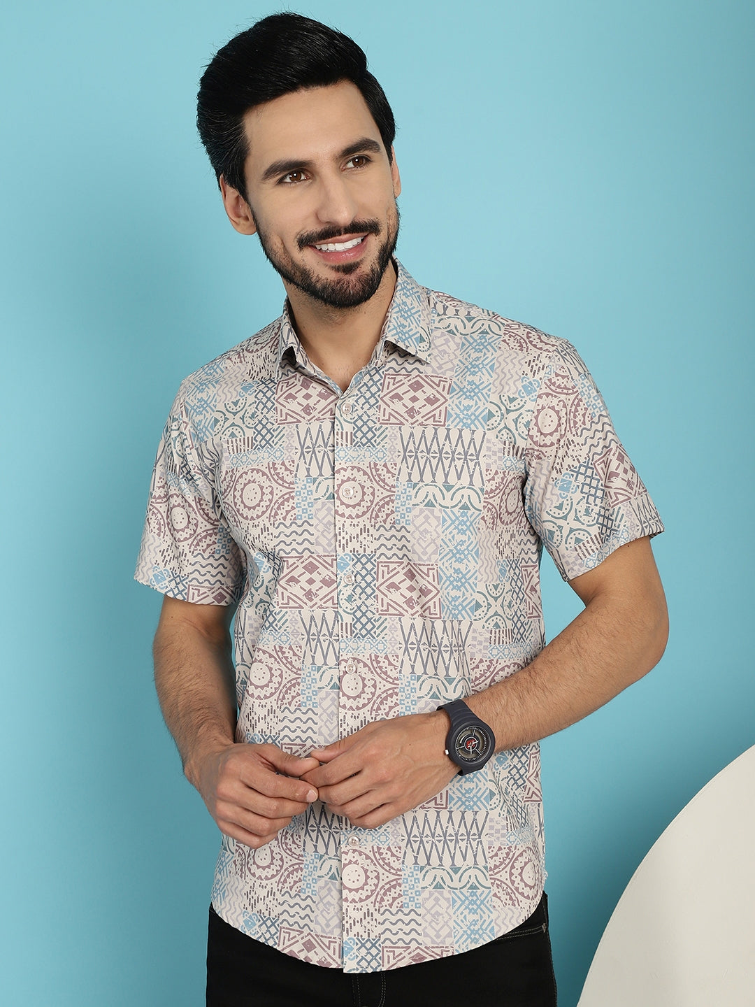 Indian Needle Men's Beige Printed Casual Shirt - Beige | Swadesiicart
