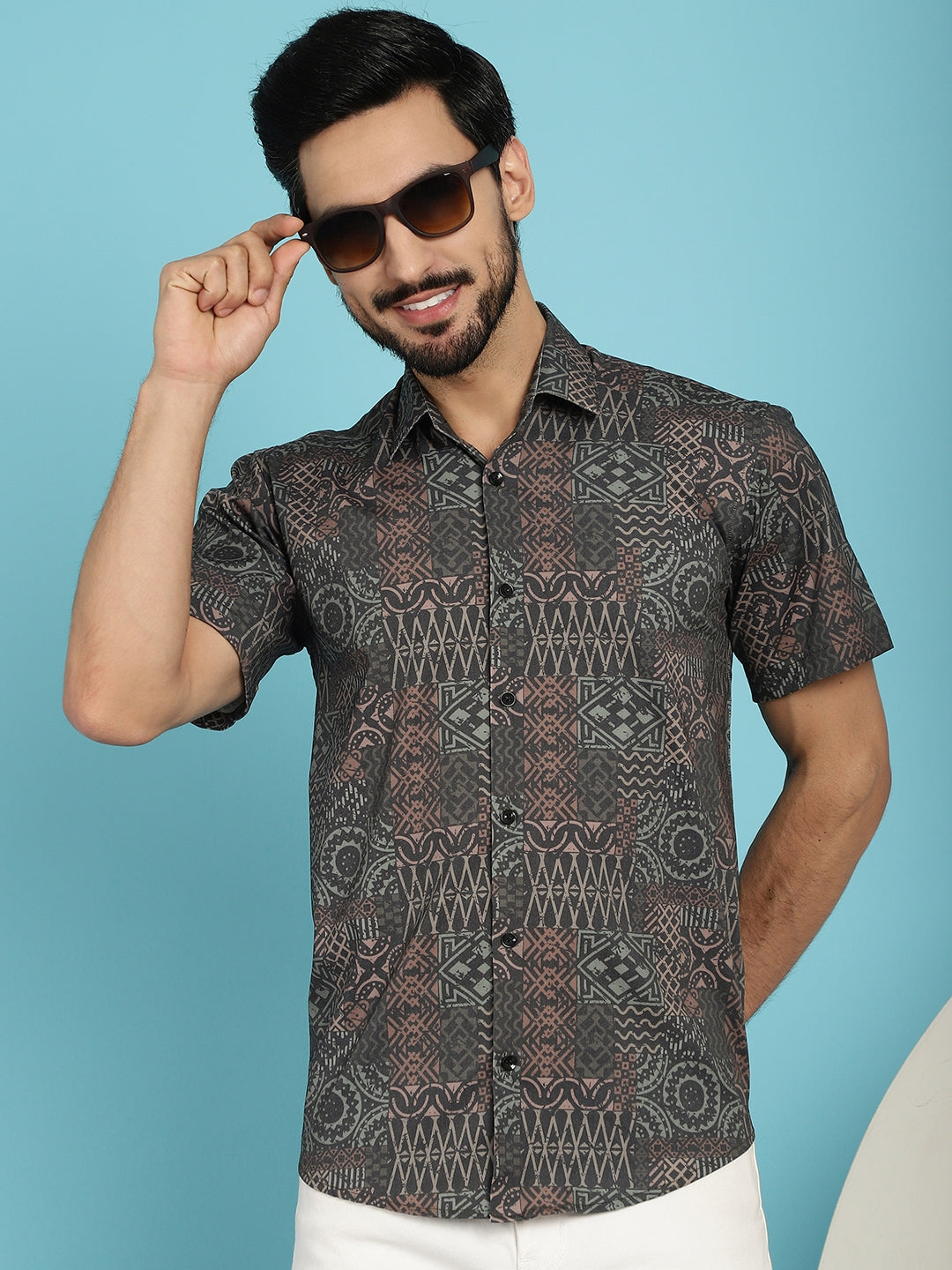 Indian Needle Men's Dark-Grey Printed Casual Shirt - Dark-Grey | Swadesiicart