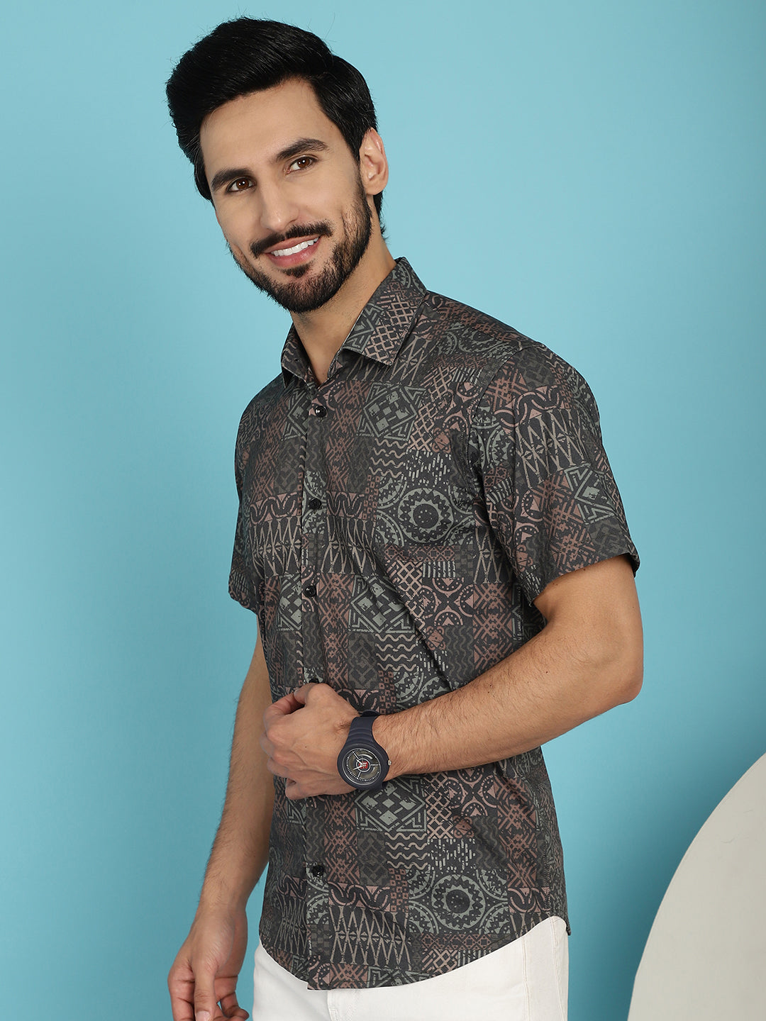 Indian Needle Men's Dark-Grey Printed Casual Shirt - Dark-Grey | Swadesiicart