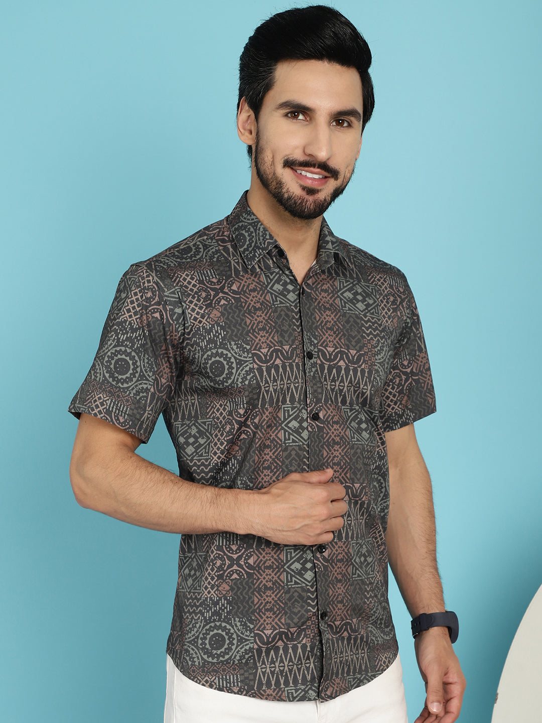 Indian Needle Men's Dark-Grey Printed Casual Shirt - Dark-Grey | Swadesiicart