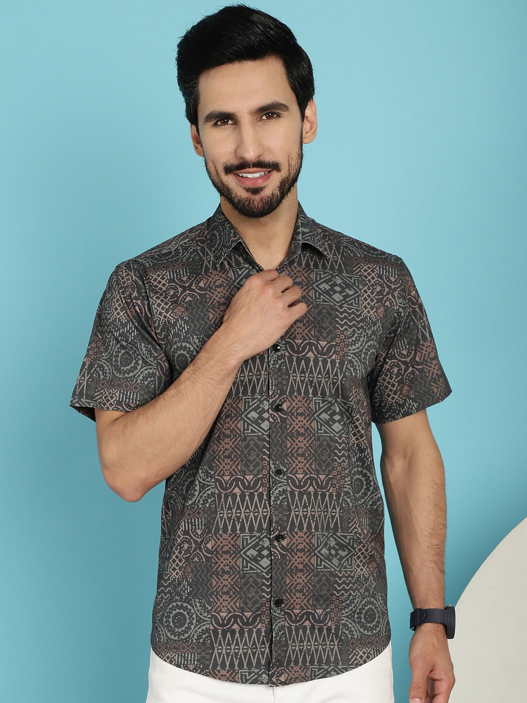 Indian Needle Men's Dark-Grey Printed Casual Shirt - Dark-Grey | Swadesiicart