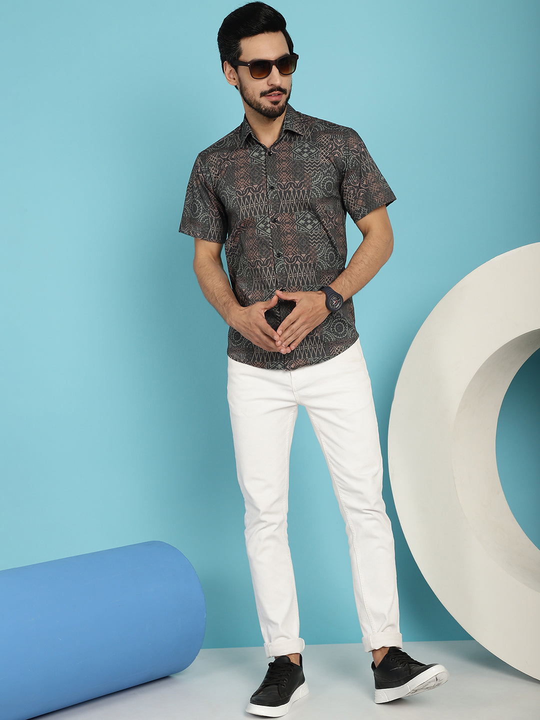 Indian Needle Men's Dark-Grey Printed Casual Shirt - Dark-Grey | Swadesiicart