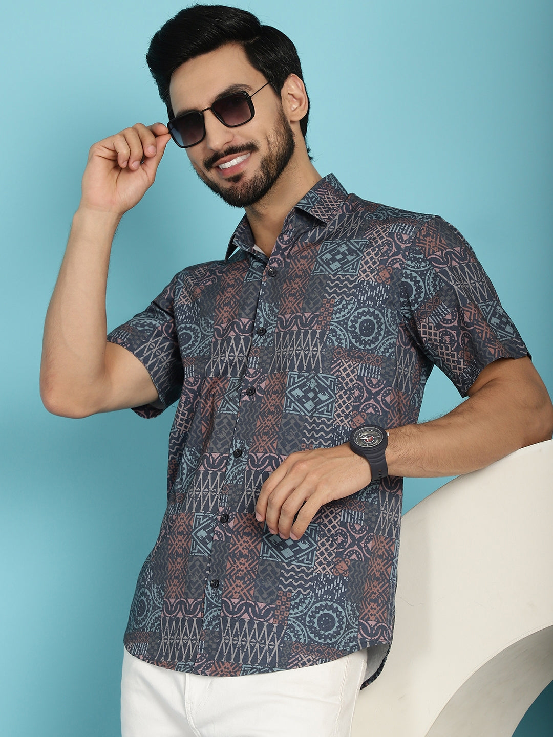 Indian Needle Men's Grey Printed Casual Shirt - Grey | Swadesiicart