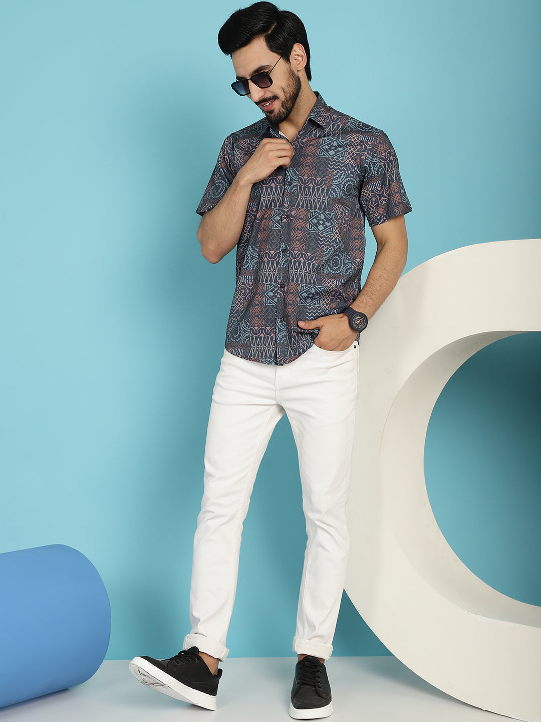 Indian Needle Men's Grey Printed Casual Shirt - Grey | Swadesiicart