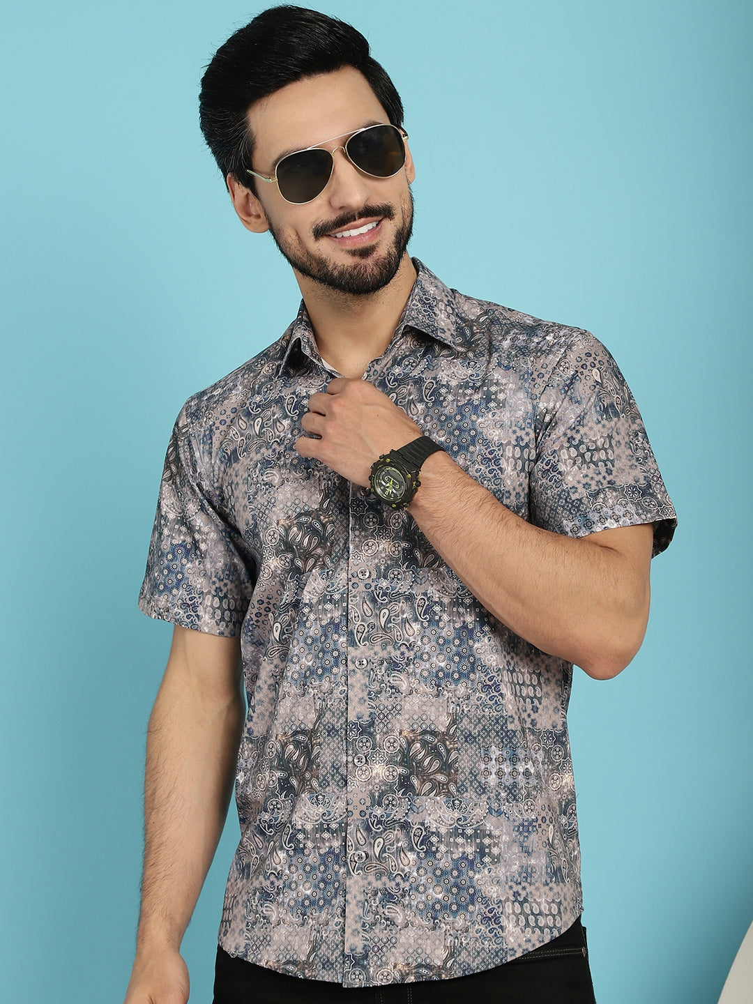 Indian Needle Men's Pejali Printed Casual Shirt - Blue | Swadesiicart