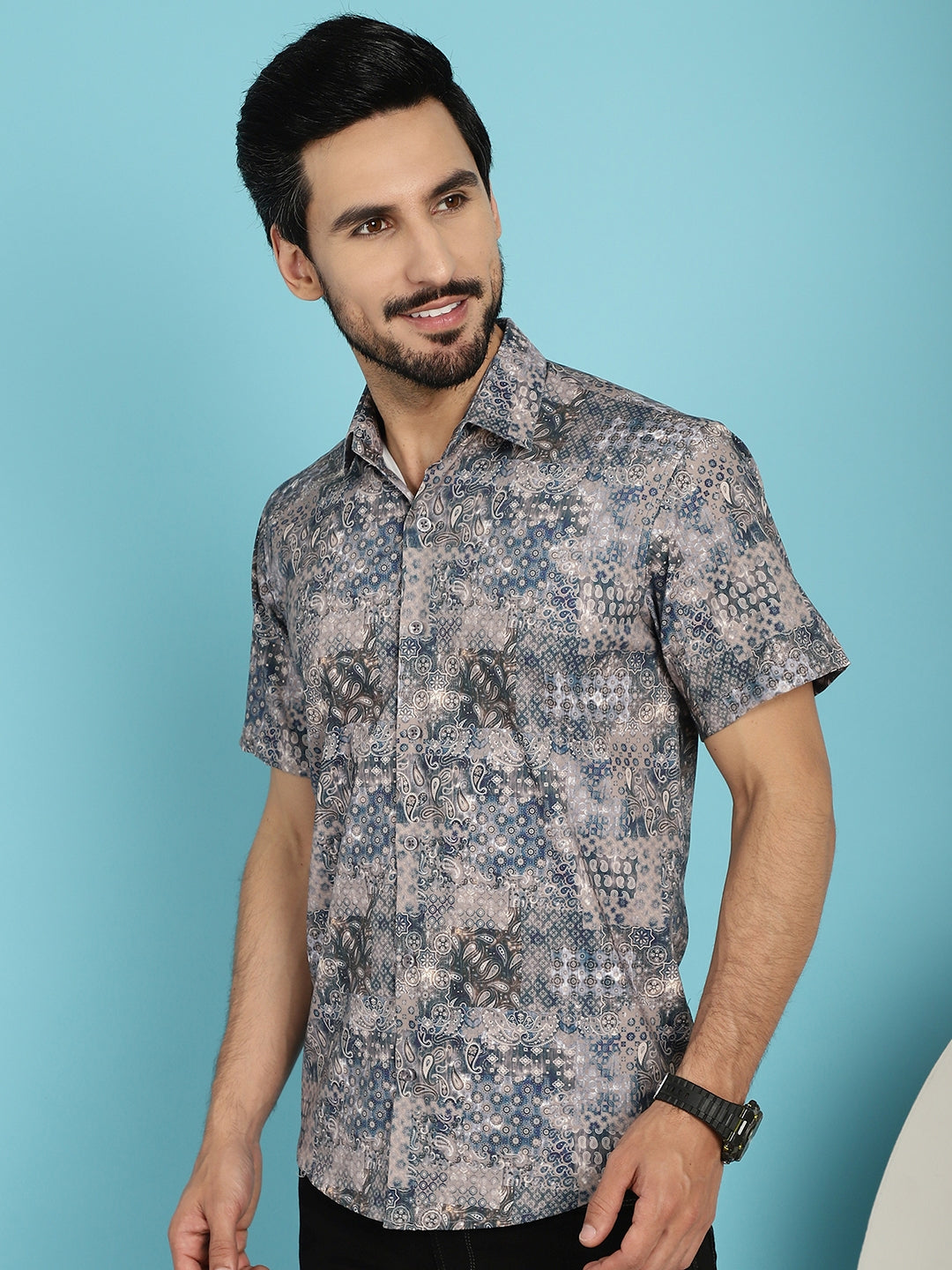 Indian Needle Men's Pejali Printed Casual Shirt - Blue | Swadesiicart