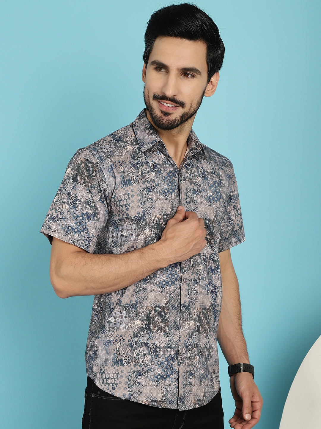 Indian Needle Men's Pejali Printed Casual Shirt - Blue | Swadesiicart