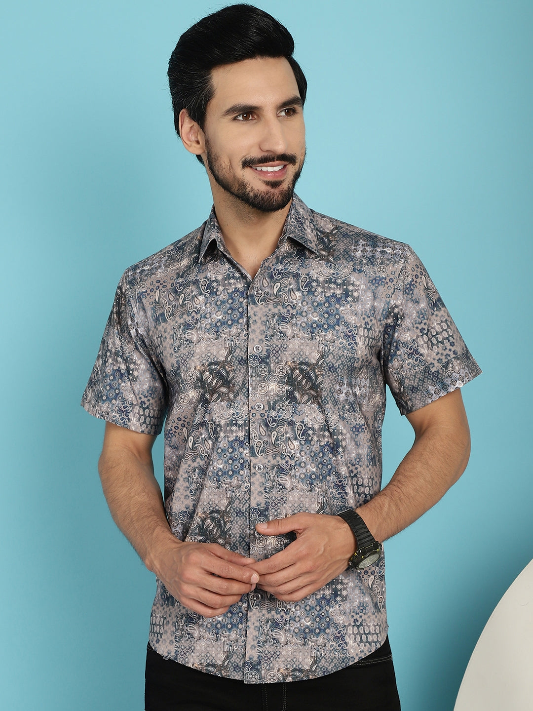 Indian Needle Men's Pejali Printed Casual Shirt - Blue | Swadesiicart