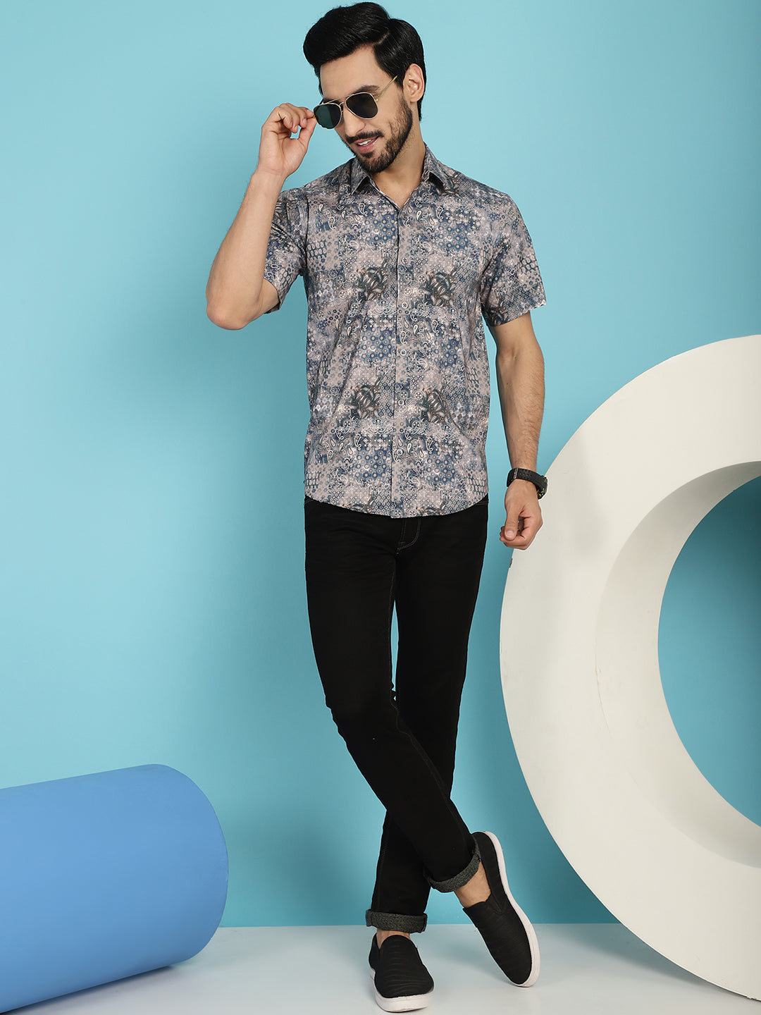 Indian Needle Men's Pejali Printed Casual Shirt - Blue | Swadesiicart