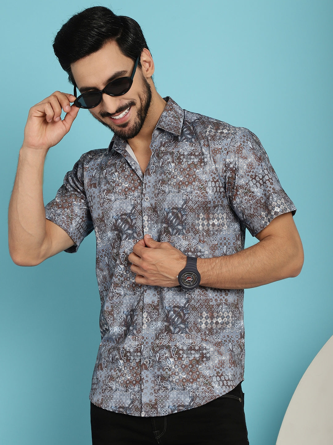 Indian Needle Men's Pejali Printed Casual Shirt - Brown | Swadesiicart