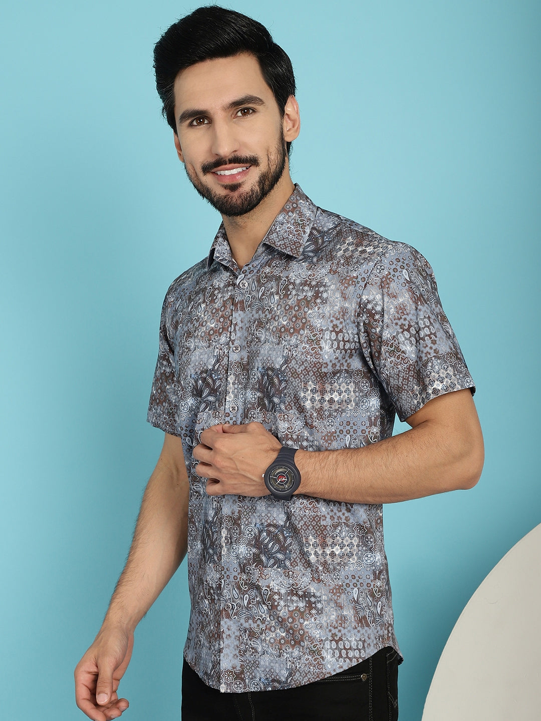Indian Needle Men's Pejali Printed Casual Shirt - Brown | Swadesiicart