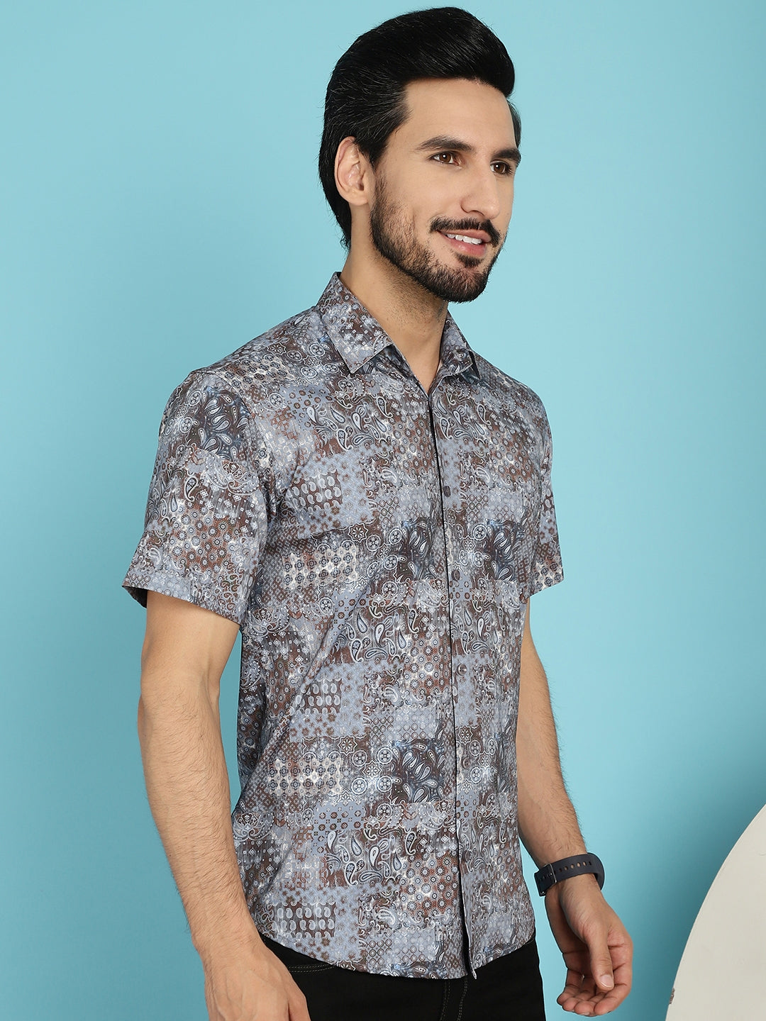 Indian Needle Men's Pejali Printed Casual Shirt - Brown | Swadesiicart
