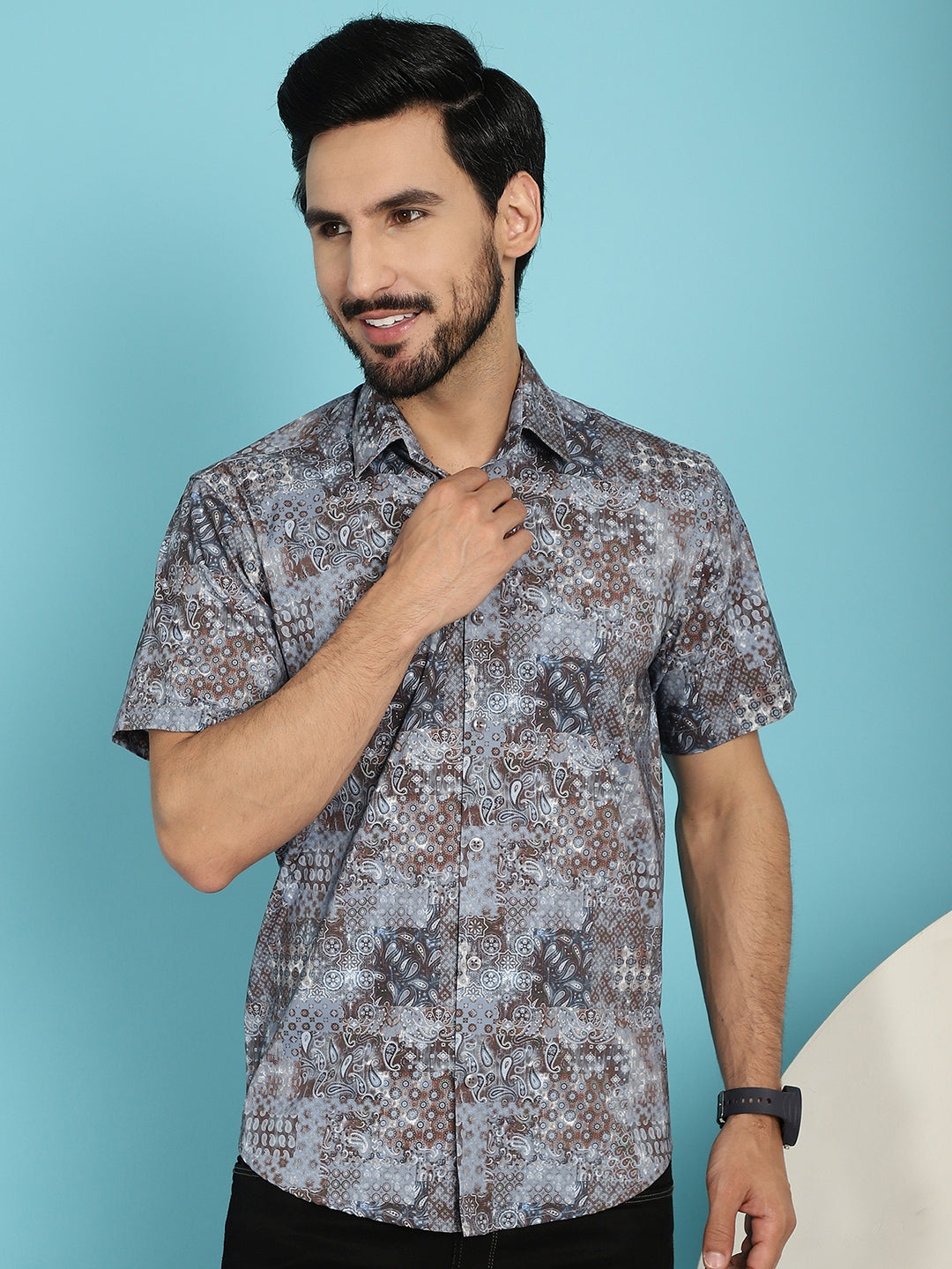 Indian Needle Men's Pejali Printed Casual Shirt - Brown | Swadesiicart