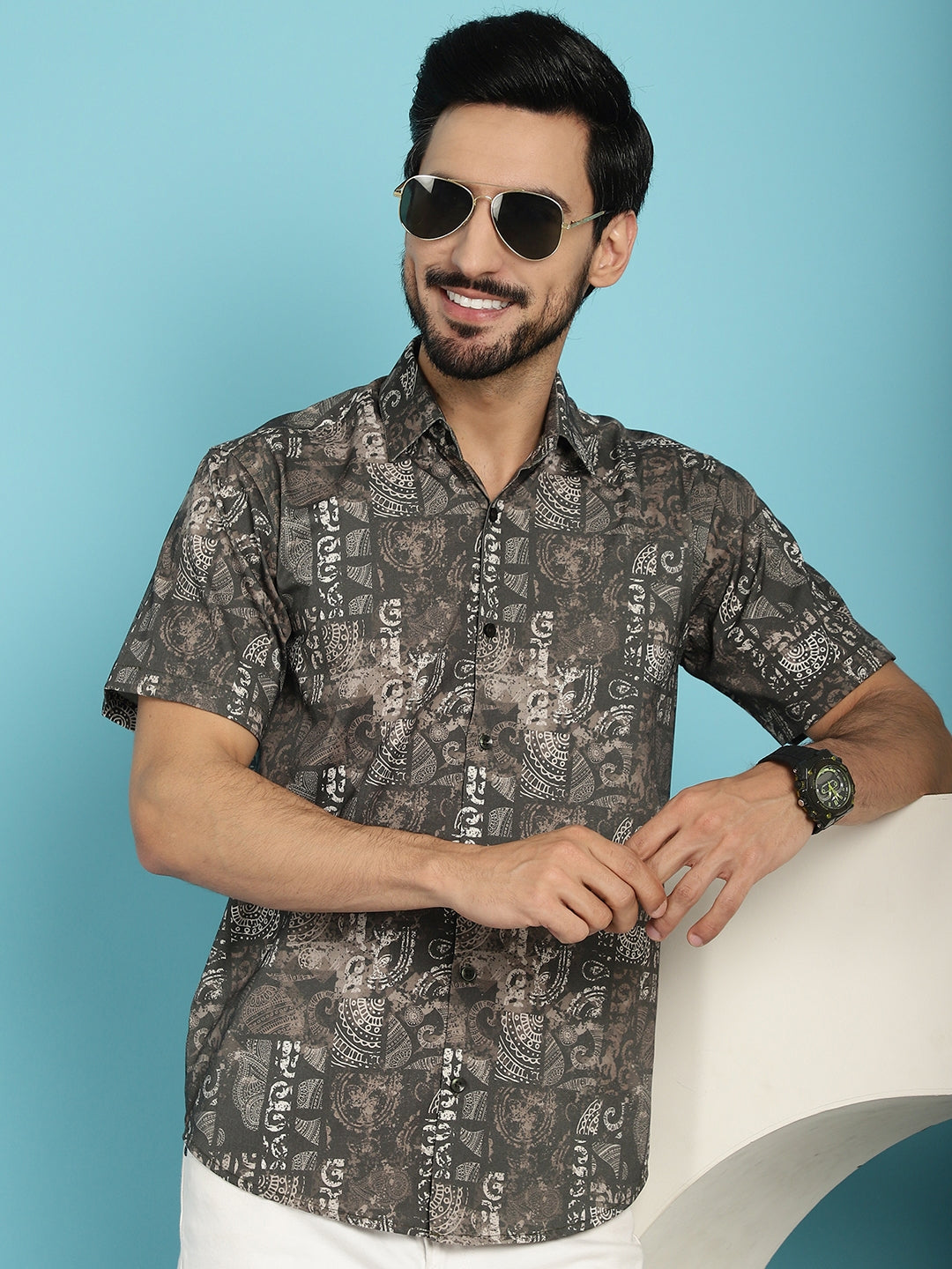Indian Needle Men's Printed Casual Shirt - Brown | Swadesiicart