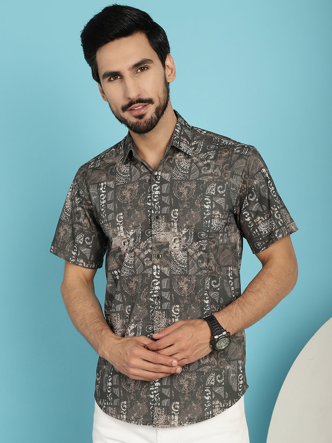 Indian Needle Men's Printed Casual Shirt - Brown | Swadesiicart