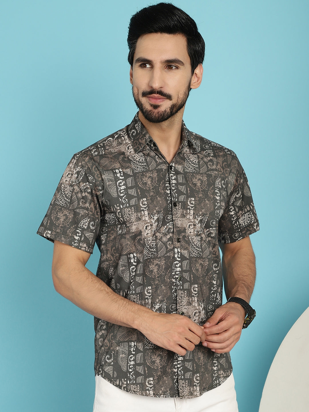Indian Needle Men's Printed Casual Shirt - Brown | Swadesiicart