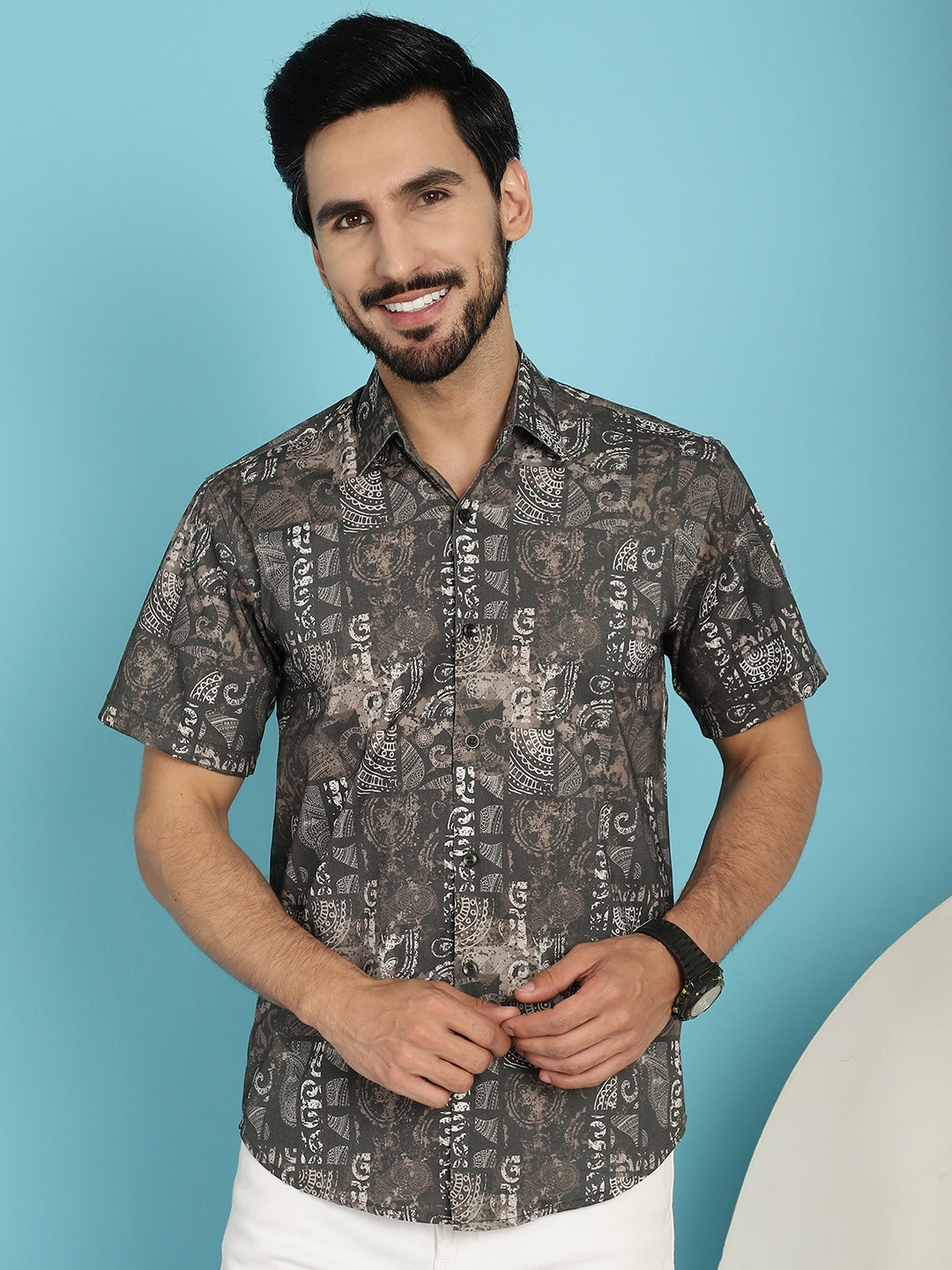 Indian Needle Men's Printed Casual Shirt - Brown | Swadesiicart
