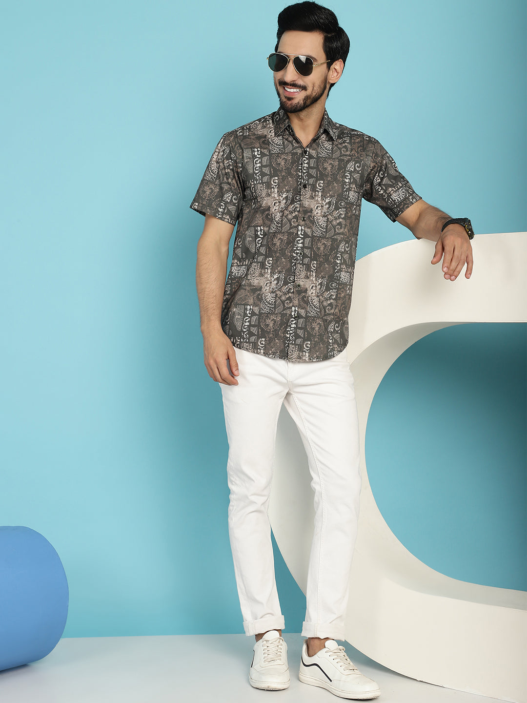 Indian Needle Men's Printed Casual Shirt - Brown | Swadesiicart