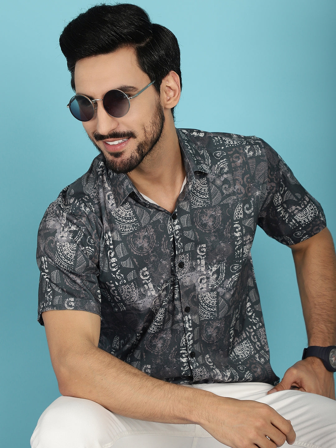 Indian Needle Men's Printed Casual Shirt - Charcoal | Swadesiicart