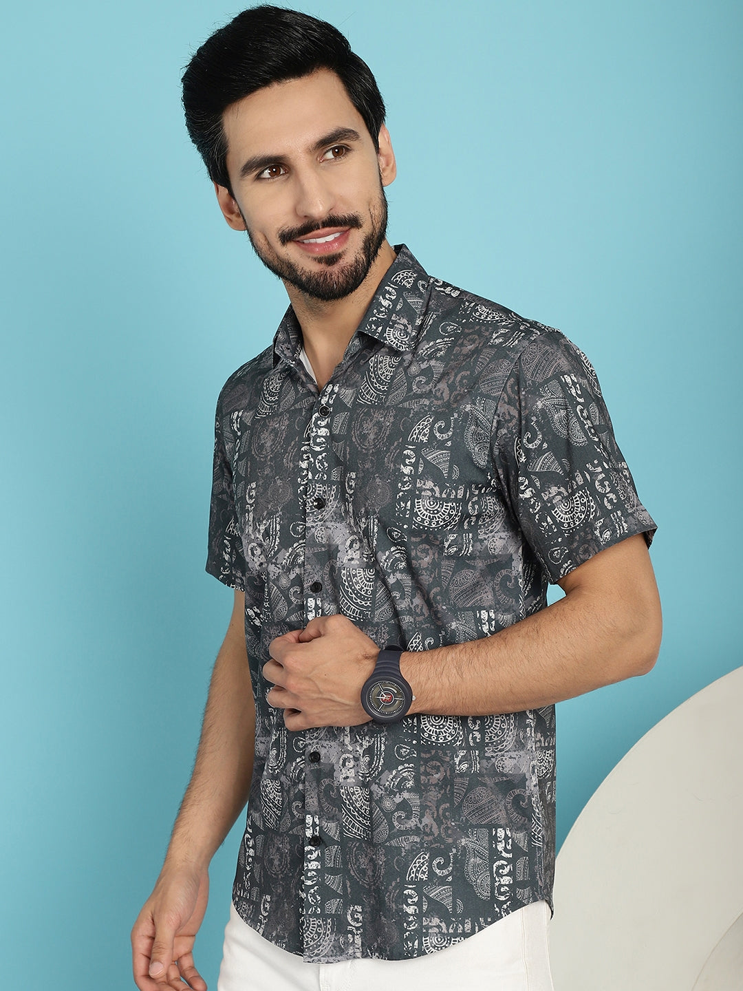 Indian Needle Men's Printed Casual Shirt - Charcoal | Swadesiicart