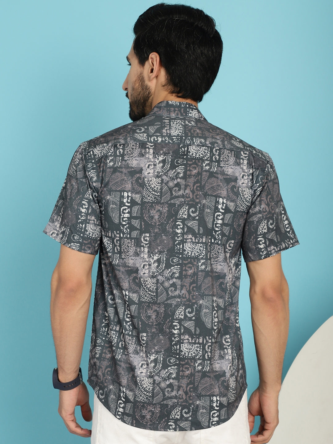 Indian Needle Men's Printed Casual Shirt - Charcoal | Swadesiicart