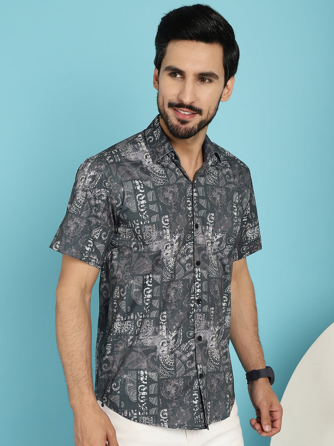 Indian Needle Men's Printed Casual Shirt - Charcoal | Swadesiicart