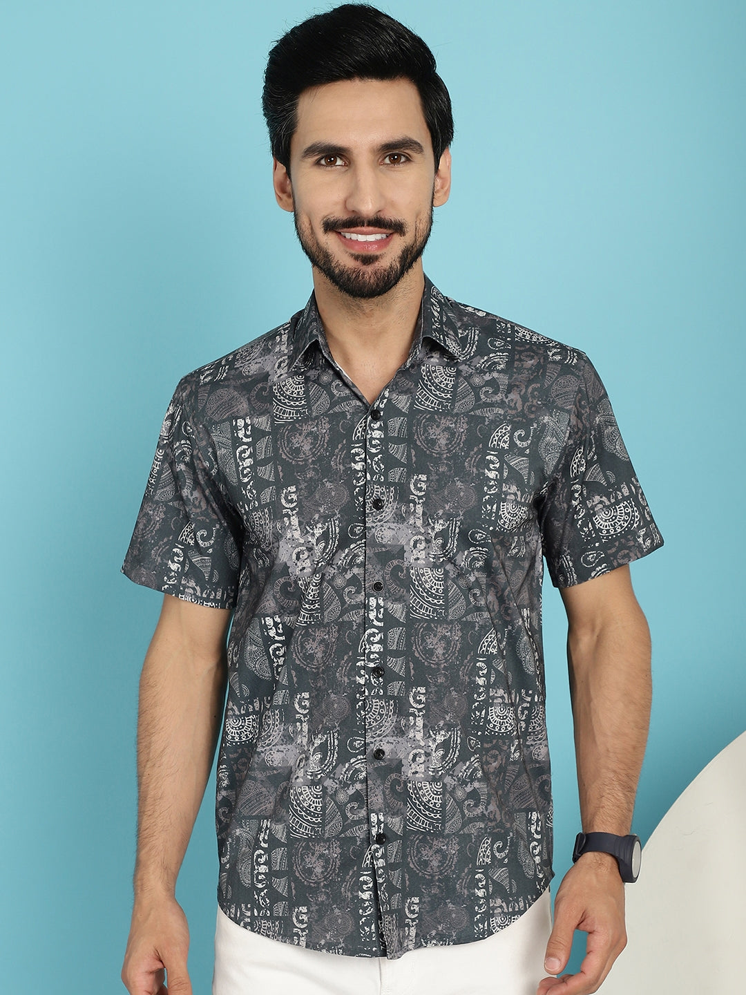 Indian Needle Men's Printed Casual Shirt - Charcoal | Swadesiicart