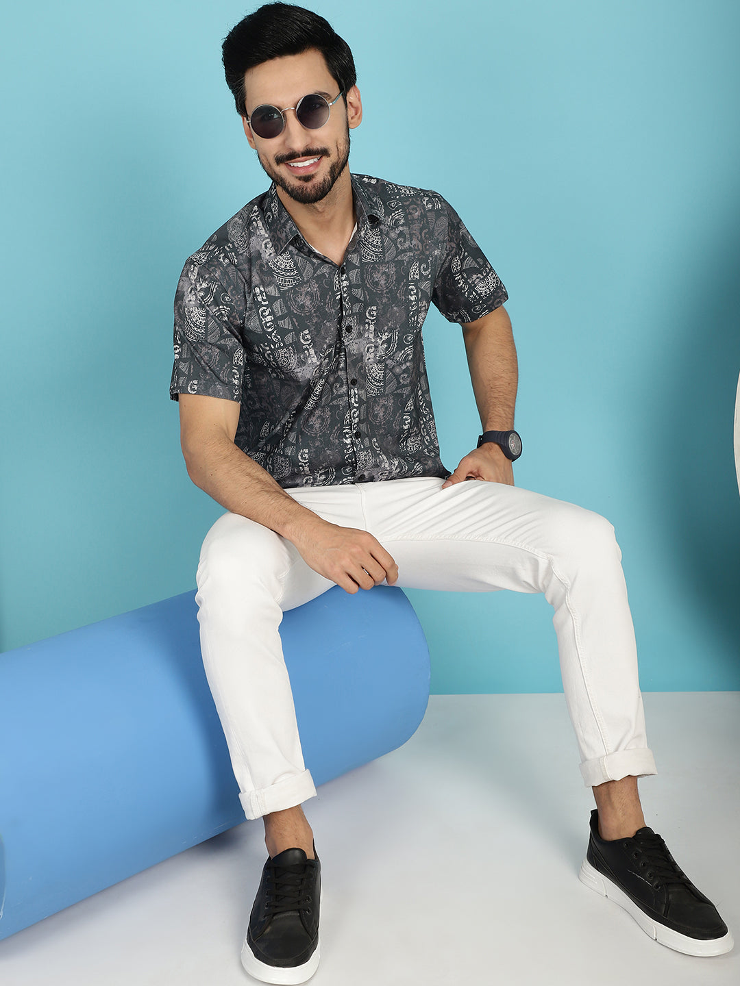 Indian Needle Men's Printed Casual Shirt - Charcoal | Swadesiicart