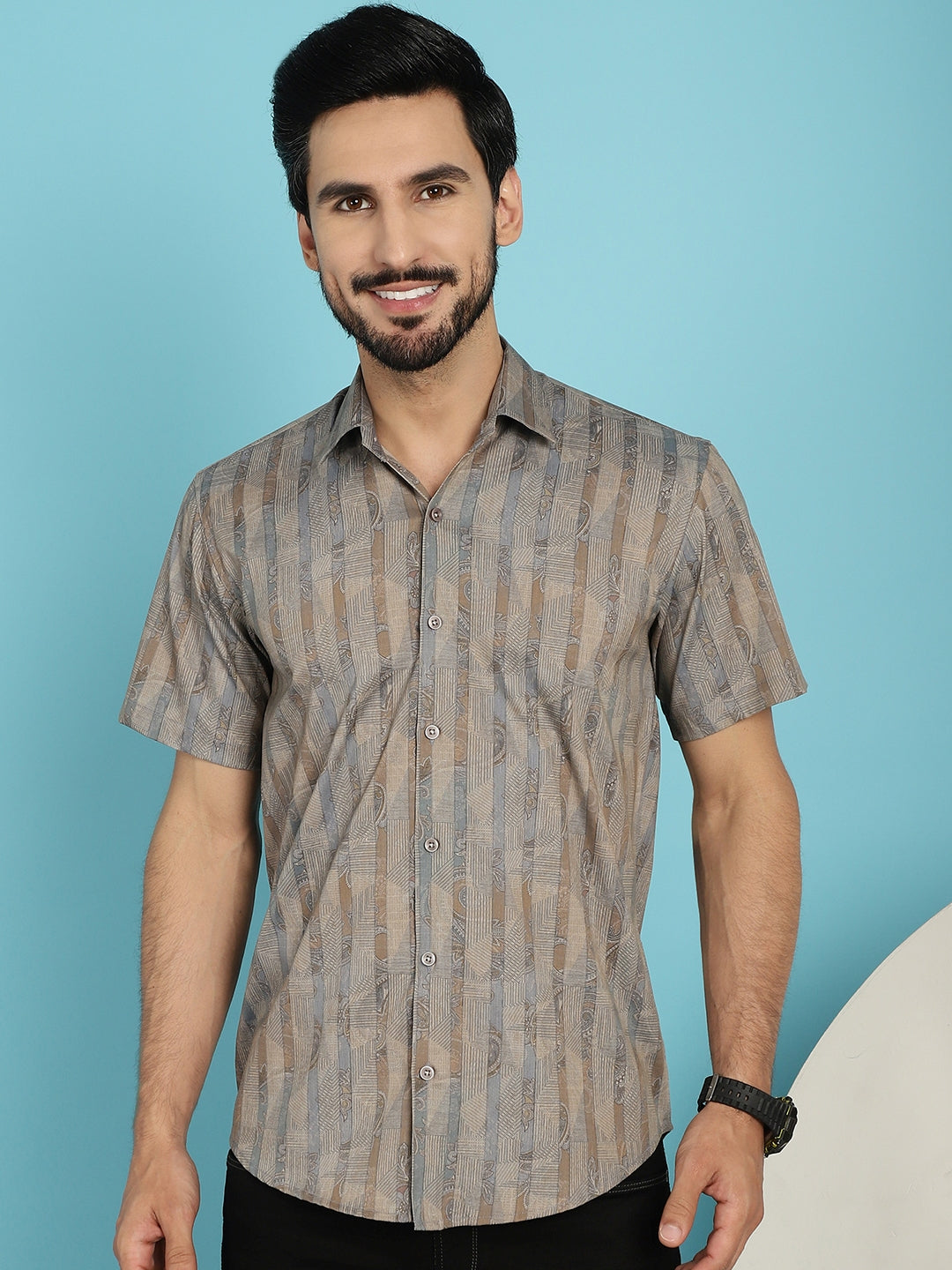 Indian Needle Men's Floral Printed Casual Shirt - Beige | Swadesiicart