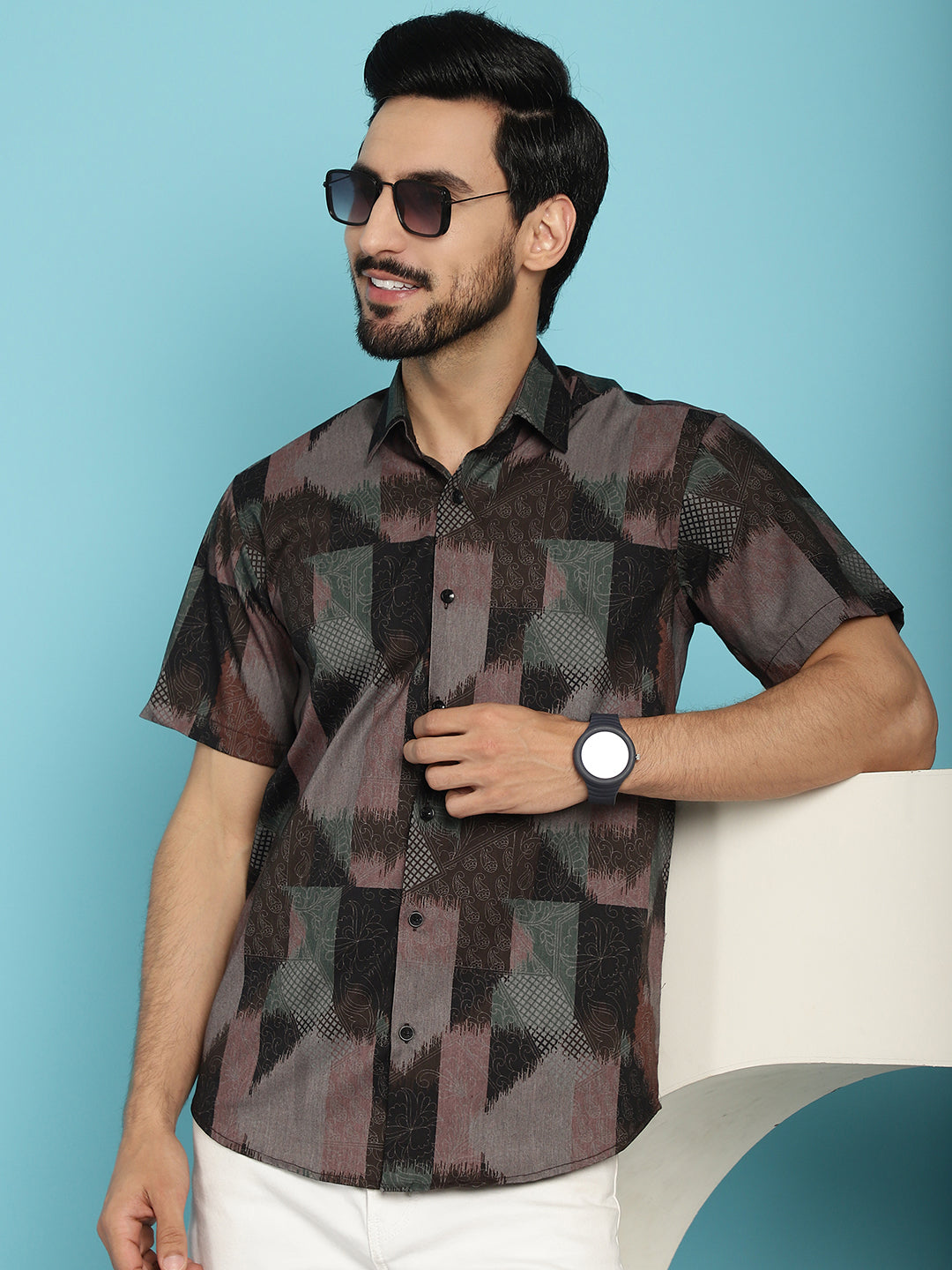 Indian Needle Men's Floral Printed Casual Shirt - Brown | Swadesiicart