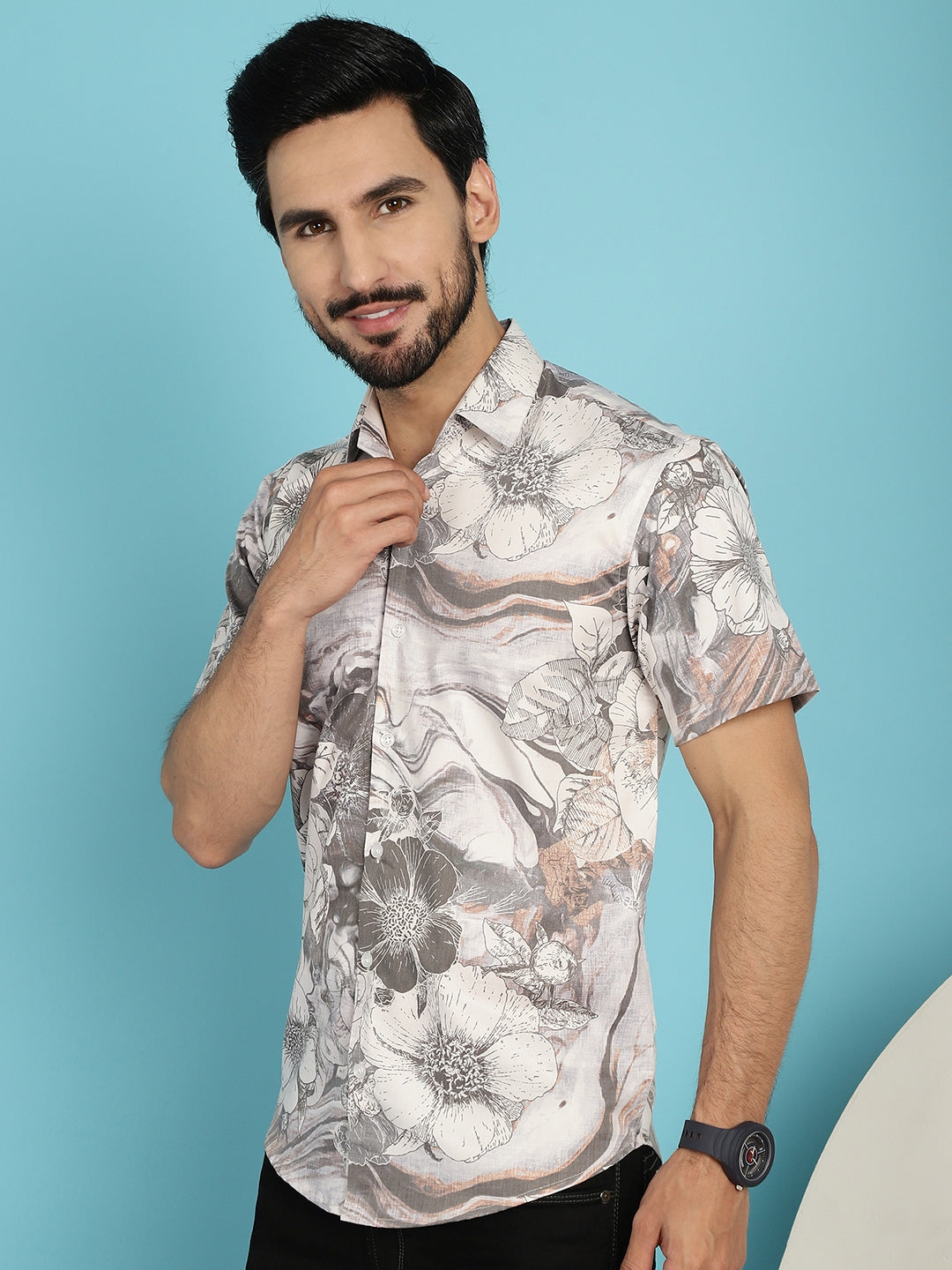 Indian Needle Men's Floral Printed Casual Shirt - Cream | Swadesiicart